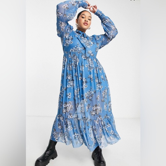 Tie Neck Blue Flora Maxi Dress - Picture 2 of 3